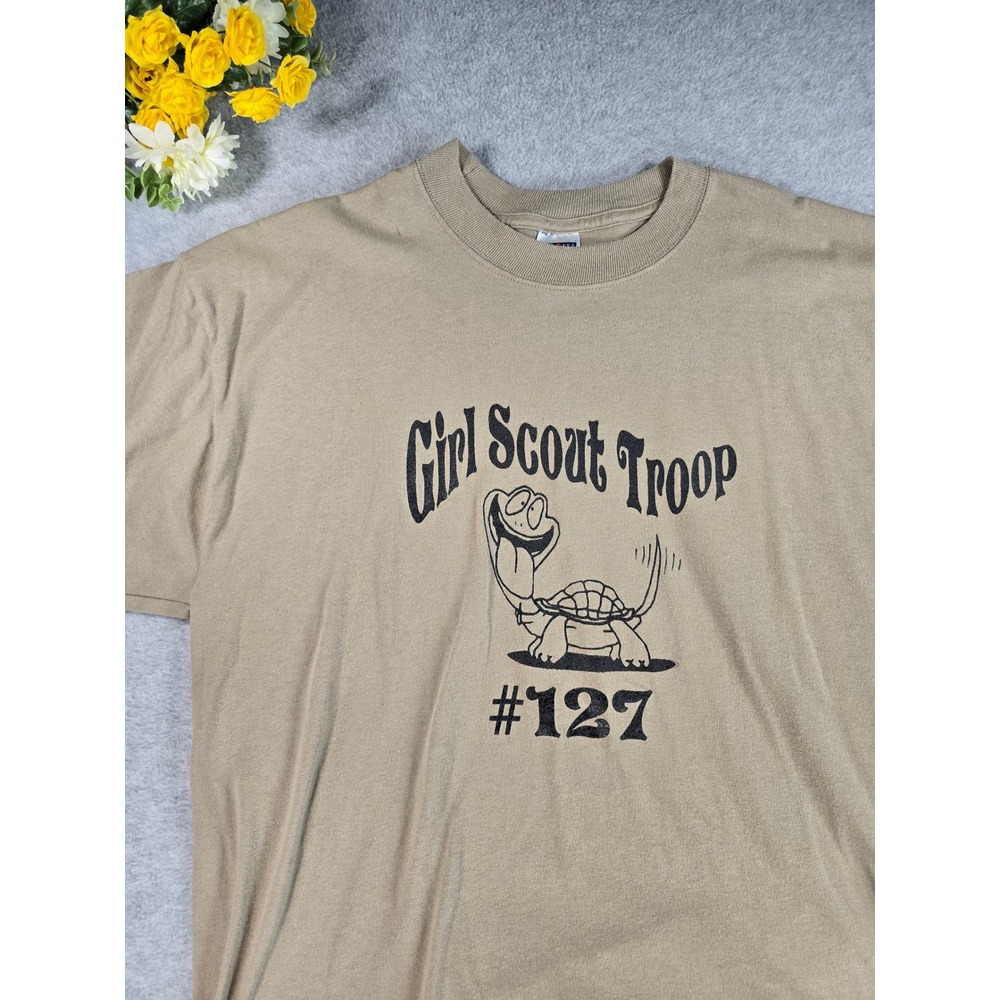 Vintage Y2K Jerzees Girl Scout Troop 127 Turtle Graphic T-Shirt Tan XL